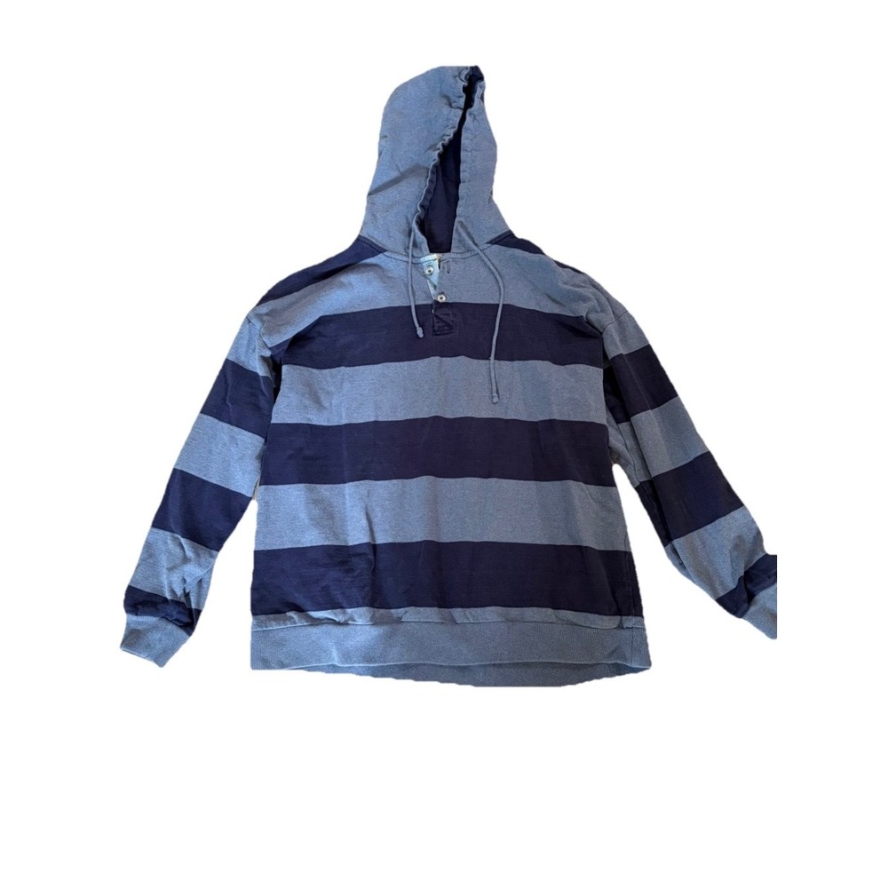 Vintage 90s LL Bean Striped Hoodie Mens XXL Blue Henley Rugby‎ Made in USA